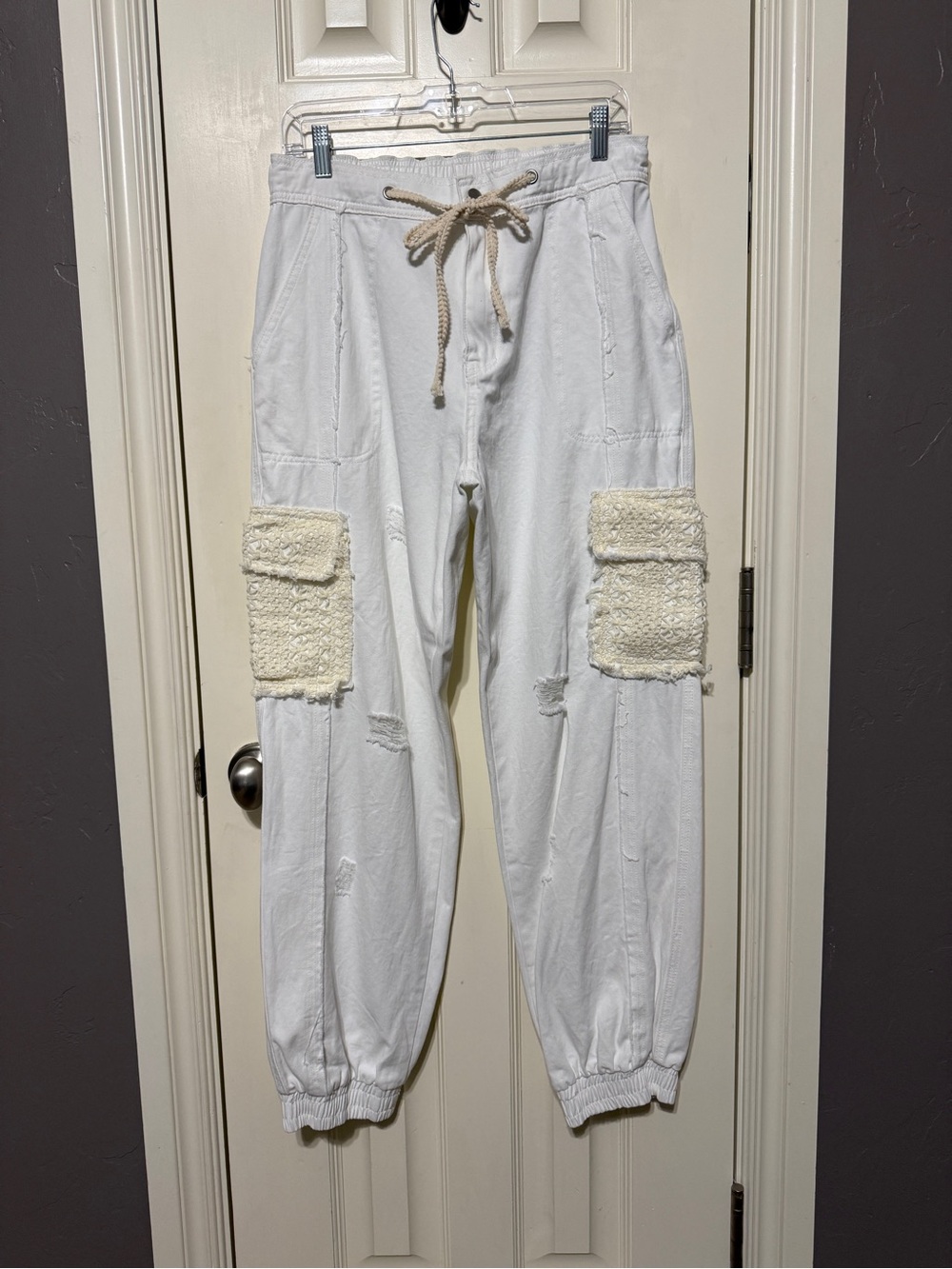 POL White Elastic Waist Denim Cargo Joggers with Crochet Pockets